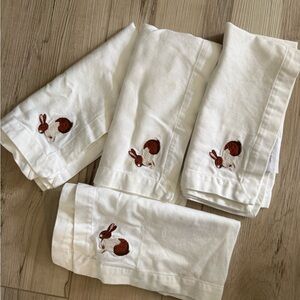 Pottery Barn Embroidered Rabbit Bunny 100% Cotton Square Napkins Set of 4